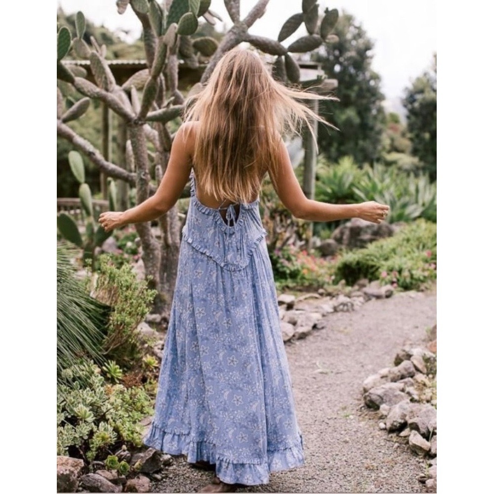 Spell & The Gypsy‎ Celestial Small Chambray Blue Midi Maxi Dress Boho Ruffle